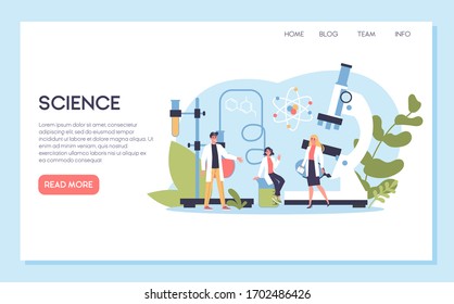 Science web banner or landing page concept illustration. Idea of education and innovation. Study biology, chemistry, medicine and other subjects at the university. Isolated flat illustration