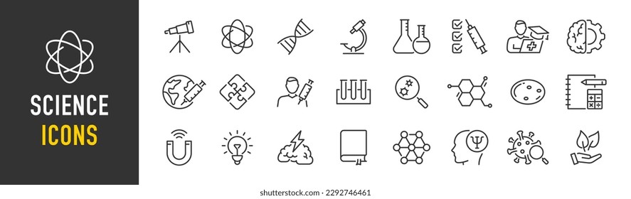 Science web icons in line style. Genetics, biology, chemistry, astronomy, logics, psychology, medicine, collection. Vector illustration.