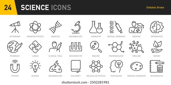 Science web icons in line style. Genetics, biology, chemistry, astronomy, logics, psychology, medicine, collection. Vector illustration.