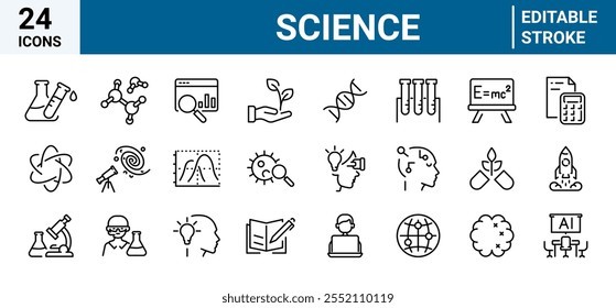 Science web icons in line style. Genetics, biology, chemistry, astronomy, logics, psychology, medicine, collection. Vector illustration.