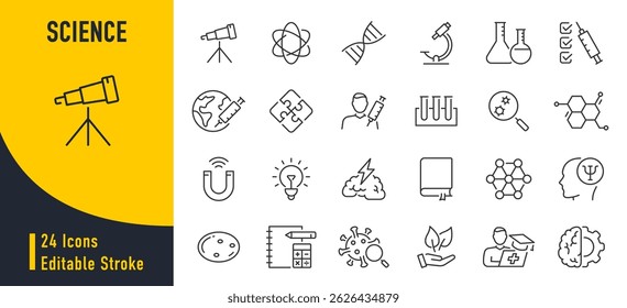 Ícones da Web de ciência no estilo de linha. Genética, biologia, química, astronomia, lógica, psicologia, medicina, coleção. Ilustração vetorial.	