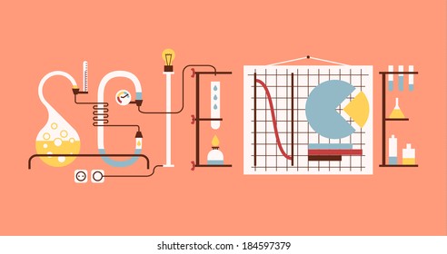 "Science" word made up from chemical tubes, graphs and racks. Flat graphic.