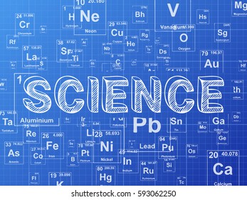 Science word on periodic table symbols blueprint background
