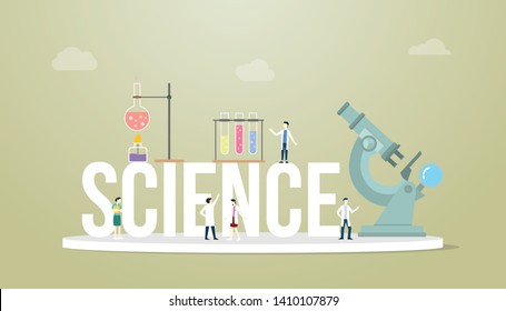 science words concept with team people doctor laboratory tools with microscope and tube with modern flat style - vector