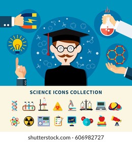 Sciences banner and icons collection set of scientific experiments for education flat vector illustration