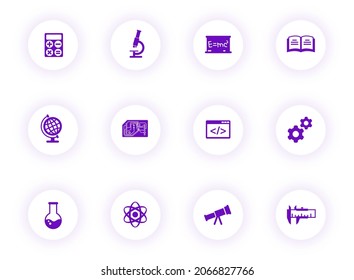 sciences purple color vector icons on light round buttons with purple shadow. sciences icon set for web, mobile apps, ui design and print