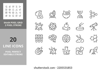 Sciences thin line icon set. Outline symbol collection. Editable vector stroke. 64 and 256 Pixel Perfect scalable to 128px