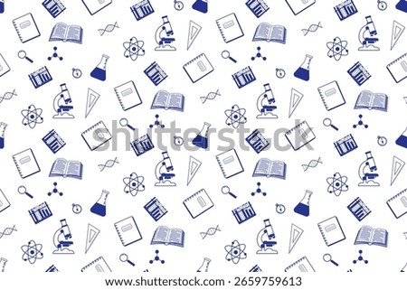 Science-themed vector illustration featuring laboratory icons like microscopes, DNA strands, books, and flasks. Perfect for educational and scientific contexts, this pattern adds a scholarly touch.