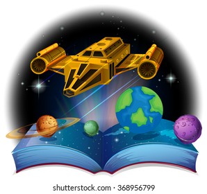 Sciene book with spaceship and solar system illustration