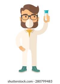 A scienteist with mask and holding a test tube doing a research. A Contemporary style. Vector flat design illustration isolated white background. Vertical layout