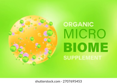 Fundo de microbioma orgânico, saudável 3D científico com espaço de cópia. Elegante brilhante microbiota líquido molécula ou célula. Estômago saudável, intestinos, sistema digestivo suplementos nutricionais.