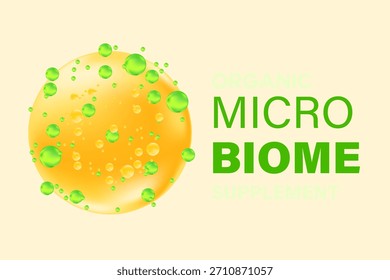 Fundo de microbioma orgânico 3D científico com espaço de cópia. Elegante brilhante microbiota líquido amarelo molécula ou célula. Estômago saudável, intestinos, sistema digestivo suplementos nutricionais.