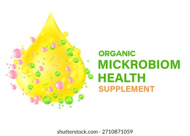Microbioma orgânico 3D científico ou microbiota, gota líquida com partículas brilhantes, ícone do suplemento isolado. Estômago saudável, intestinos, sistema digestivo suplementos nutricionais.