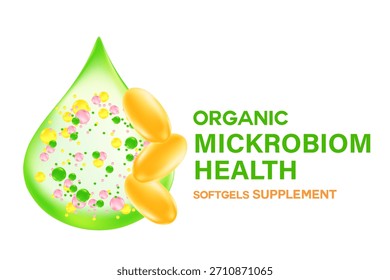 Comprimido de suplemento de microbioma orgânico 3D científico ou ícone de cápsula isolado. Elegante brilhante microbiota líquido verde Estomago saudável, intestinos, suplementos nutricionais do sistema digestivo.