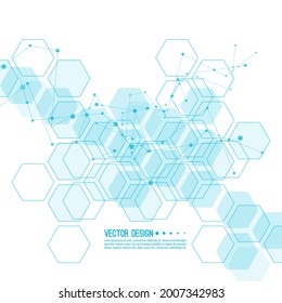 Scientific abstract background with particle, hexagons, atom, molecule structure. genetic and chemical compounds. Medicine, science and technology vector illustration.