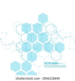 Scientific abstract background with particle, hexagons, atom, molecule structure. genetic and chemical compounds. Medicine, science and technology vector illustration.