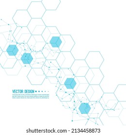 Scientific abstract background with particle, hexagons, atom, molecule structure. genetic and chemical compounds. Medicine, science and technology vector illustration.