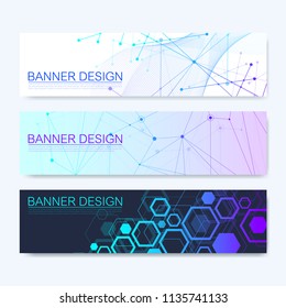 Scientific abstract banners set with hexagons design, wave flow. Abstract composition with molecule structure DNA and neurons, vector graphics