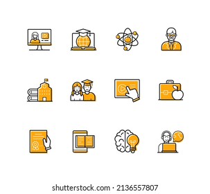 Scientific achievements - modern line design style icons set with editable stroke. Education, graduation, professor, university or school building, learning, brain, idea, get a diploma, video lectures