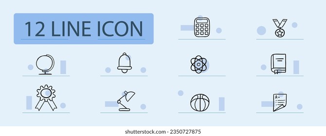 Scientific activity line icon. University, basketball, book, learning, globe, calculator. Pastel color background. Vector line icon