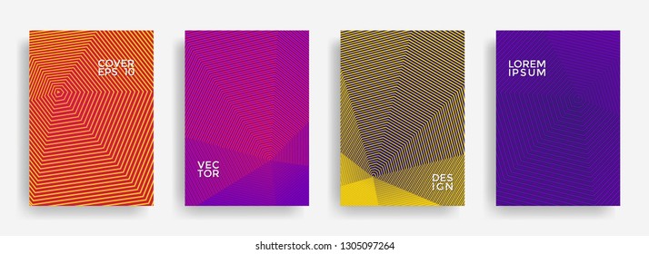 Scientific annual report design vector collection. Halftone stripes texture cover page layout templates set. Report covers graphic design, business brochure pages corporate templates.