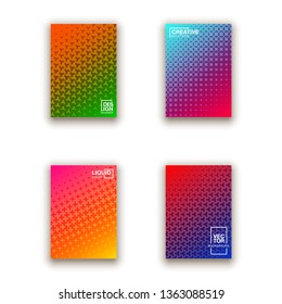 Scientific annual report geometric design collection. Halftone line texture cover page layout templates set. Report covers geometric graphic design, business brochure pages corporate template.