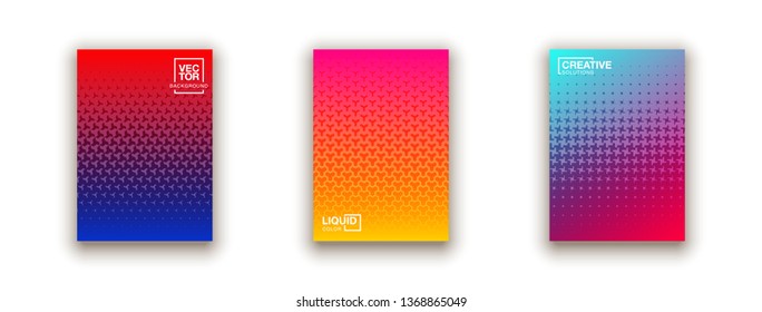 Scientific annual report geometric design collection. Halftone line texture cover page layout templates set. Report covers geometric graphic design, business brochure pages corporate template.