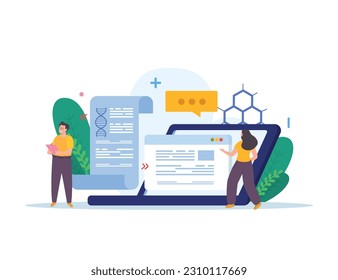 Scientific articles writing flat background composition with laptop windows dna structure and doodle style human characters vector illustration