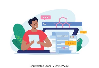 Scientific articles writing flat composition with thought bubble icons dna structure laptop screens and joyful man vector illustration