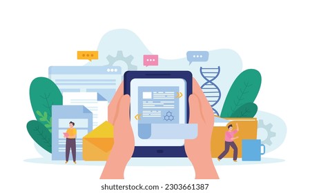 Scientific articles writing flat composition with icons of thought bubbles documents envelopes with tablet in hands vector illustration