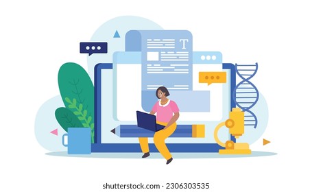 Scientific articles writing flat composition with doodle female character riding pencil with laptop screens thought bubbles vector illustration