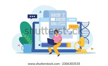 Scientific articles writing flat composition with doodle female character riding pencil with laptop screens thought bubbles vector illustration