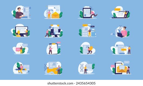 Scientific articles writing flat icons. Set of scientific articles writing flat icons with doodle characters thought bubbles papers and gadgets vector illustration