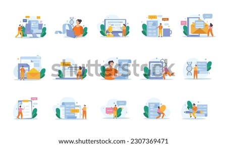 Scientific articles writing set of flat icons with isolated images of letters and people in research vector illustration