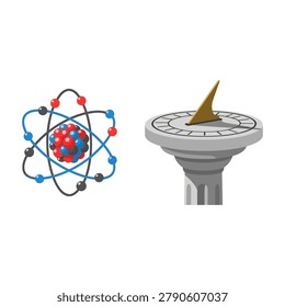 Scientific atom model structure and stone sundial vector set illustration.