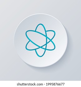 Un átomo científico, un icono simple. Cortar círculo con capas grises y azules. Estilo de papel