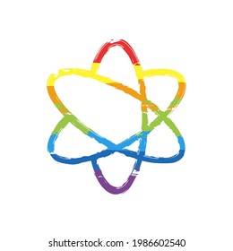 Scientific atom, simple icon. Drawing sign with LGBT style, seven colors of rainbow (red, orange, yellow, green, blue, indigo, violet