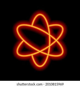 Scientific atom, simple icon. Orange neon style on black background. Light linear icon with editable stroke