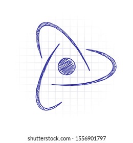 scientific atom symbol, abstract creative logo, simple icon. Hand drawn sketched picture with scribble fill. Blue ink. Doodle on white background