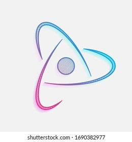 scientific atom symbol, abstract creative logo, simple icon. Colored logo with diagonal lines and blue-red gradient. Neon graphic, light effect
