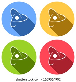 scientific atom symbol, creative logo, simple icon. Set of white icons with long shadow on blue, orange, green and red colored circles. Sticker style