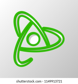 scientific atom symbol, creative logo, simple icon. Paper style. Cut symbol with green bold contour on shape and simple shadow