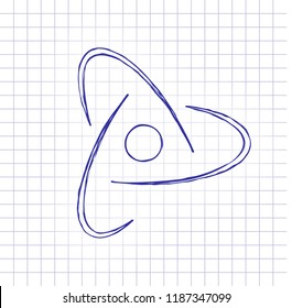scientific atom symbol, creative logo, simple icon. Hand drawn picture on paper sheet. Blue ink, outline sketch style. Doodle on checkered background