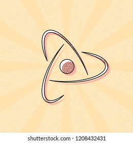 scientific atom symbol, creative logo, simple icon. Vintage retro typography with offset printing effect. Dots poster with comics pop art background