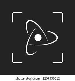 scientific atom symbol, creative logo, simple icon. White object in camera autofocus on dark background