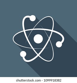 scientific atom symbol, logo, simple icon. White flat icon with long shadow on background