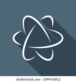 scientific atom symbol, logo, simple icon. White flat icon with long shadow on background