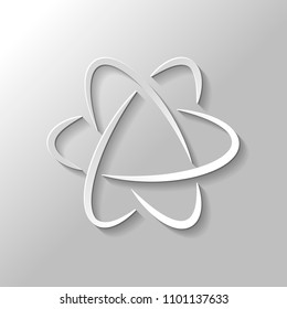 scientific atom symbol, logo, simple icon. Paper style with shadow on gray background