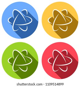 scientific atom symbol, logo, simple icon. Set of white icons with long shadow on blue, orange, green and red colored circles. Sticker style