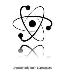 scientific atom symbol, logo, simple icon. Black icon with mirror reflection on white background